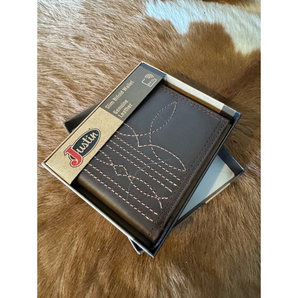 Justin Slim Bifold Wallet - Genuine Leather - Boot Stitch - NIB